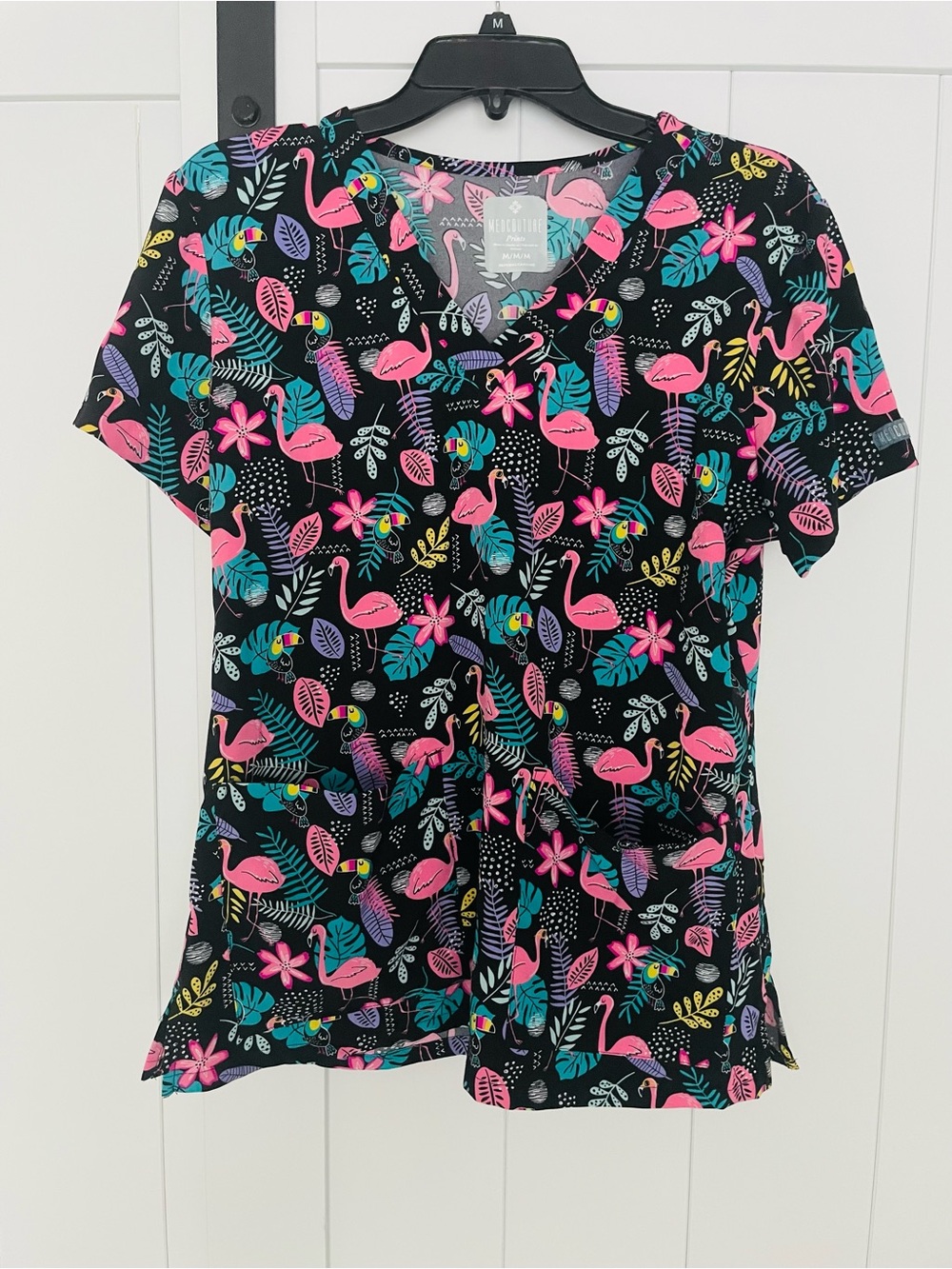 Med Couture Black V-Neck Scrub Top with Pink Flamingo Print